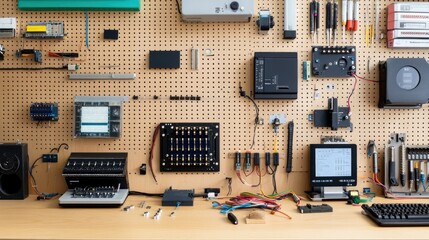 Poster - Modern Workspace with Electronic Equipment and Components