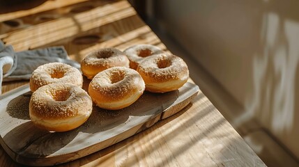 A simple oak table displays fresh golden seed donuts with creamy frosting