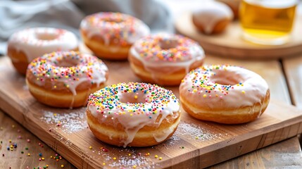 A simple oak table displays fresh golden seed donuts with creamy frosting