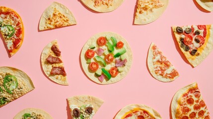 Poster - Delicious street food items including assorted tacos and pizzas artfully displayed in geometric order on a bright pink backdrop. Generative AI