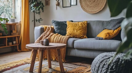 Boho style living room with gray sofa wooden table and warm yellow decor cozy atmosphere home design