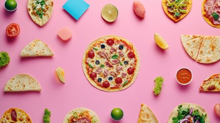 Poster - A variety of street food items including tacos and pizza are artistically laid out in a geometric pattern on a bright pink surface. Generative AI