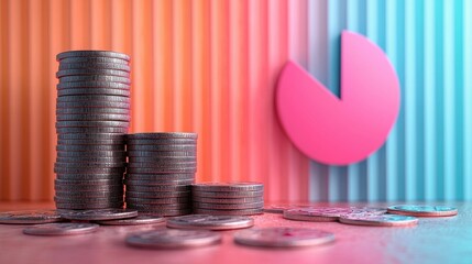 A stack of silver coins in front of a vibrant pie chart, symbolizing financial growth, investment, and economic analysis.