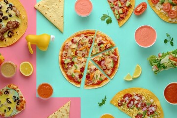 Poster - Delicious tacos and pizza are artistically arranged in geometric patterns on a bright, colorful surface, inviting appetites. Generative AI