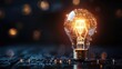 © kachanovski - Light bulb with circuit design inside glowing on dark background suggesting innovation