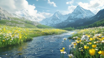 Wall Mural - Majestic Mountain Landscape with Meadow and Stream