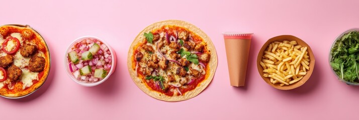 Poster - A geometric display of delicious street food featuring tacos, pizza, and vibrant salads, set on a pink background for a tasty treat. Generative AI