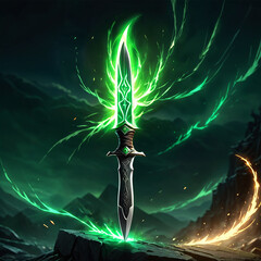 A silver dagger with a green gem on its hilt is engulfed in glowing green energy, appearing to pulse outwards. It is perched upon a rocky surface, with distant mountains and a faint orange energy trai