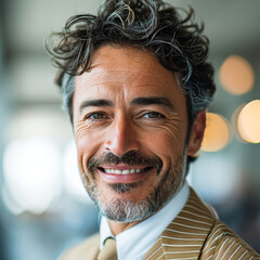 close-up of smiling businessman in his 40s at workplace