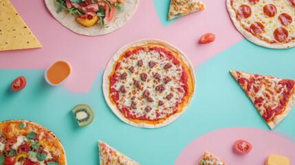 Poster - A stunning display of assorted tacos and pizza slices creatively arranged on a geometric pastel background, showcasing vibrant colors. Generative AI
