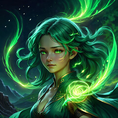 A woman with long green hair and glowing green eyes is depicted. She wears a green dress with gold accents. Glowing green energy swirls around her, creating a fantastical aura.