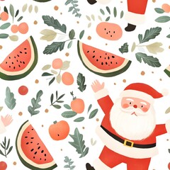 A whimsical Christmas pattern featuring Santa, watermelon slices, and vibrant fruits against a light background.