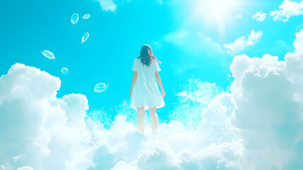 Wall Mural - A Woman in White Dress Standing on Clouds in a Blue Sky with Bubbles Floating Around Her