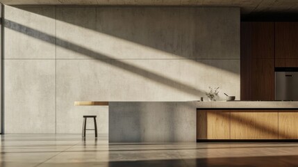 Modern kitchen design with wood concrete elements empty wall for mockup