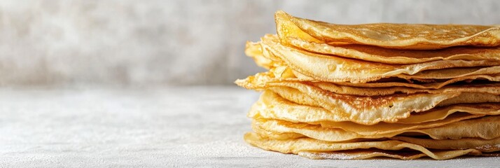 Poster - Delicious golden crepes are stacked neatly, showcasing their light texture, ideal for serving with sweet or savory toppings. Generative AI