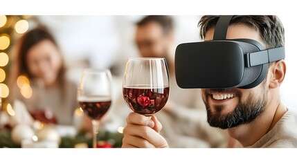 A man in a VR headset toasts with a glass of red wine at a festive gathering, surrounded by friends and holiday decorations.