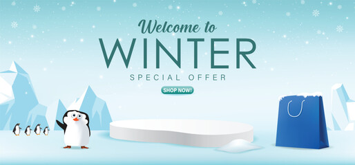 Winter sale 3d with podium for special offer and shop now with snow and ice season with the winter theme.