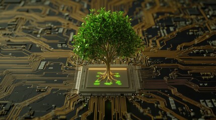 Canvas Print - A digital tree grows from a circuit board, symbolizing the fusion of nature and technology.