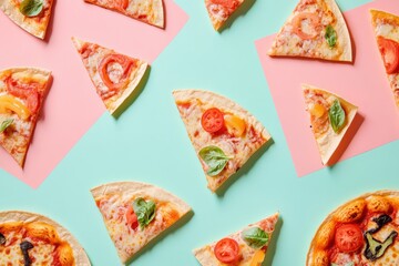 Poster - A vibrant display features tacos and pizza arranged in geometric order, enticing street food lovers at a lively outdoor gathering. Generative AI