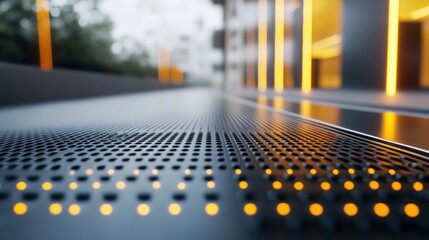 Futuristic walkway with glowing orange lights and perforated metal surface, AI