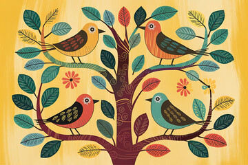 A Family of Birds on a Vibrant Tree, a folk-art-inspired illustration of five birds perched on a stylized tree