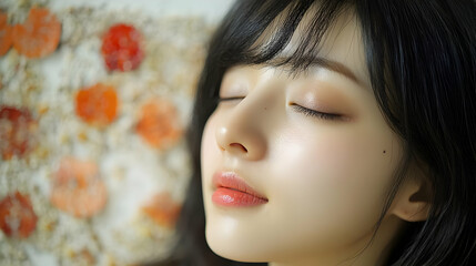 Poster - A Close-Up of a Woman's Face with Closed Eyes, Smooth Skin, and a Soft Smile