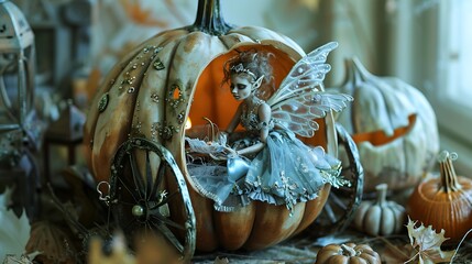 A sorrowful fairy in a carved pumpkin carriage