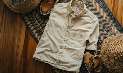 Tan shirt, shoes, and woven textures.