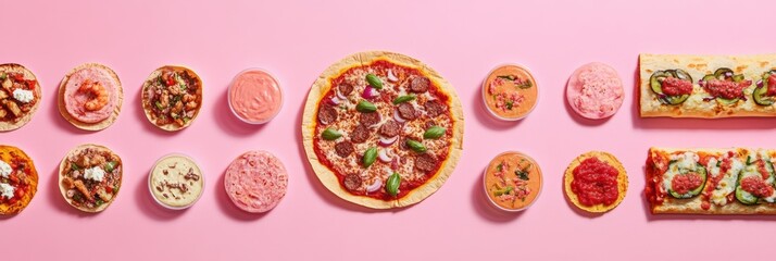Poster - A vibrant assortment of tacos and pizza is beautifully organized in geometric order, showcasing enticing flavors and textures for food lovers. Generative AI