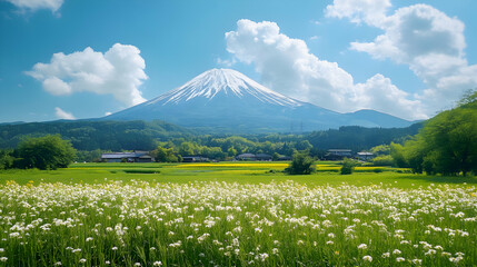 Poster - Stunning View of Mountain Peak with White Flowers in Field