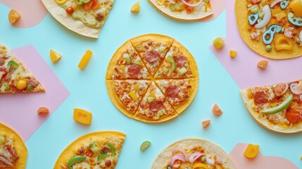 Poster - Street food items including tacos and pizza are creatively arranged in geometric patterns on a colorful surface during a daytime gathering. Generative AI