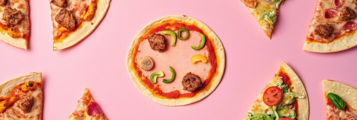 Poster - Tacos and pizza are creatively laid out in geometric patterns on a vibrant pink surface, highlighting diverse street food offerings. Generative AI