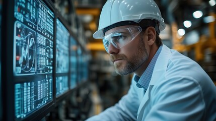 Fototapete - Engineer in White Coat Observing Control Panel Operations