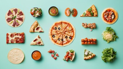 Poster - An array of colorful street food items including tacos and pizza is artistically laid out in a geometric pattern on a turquoise background. Generative AI