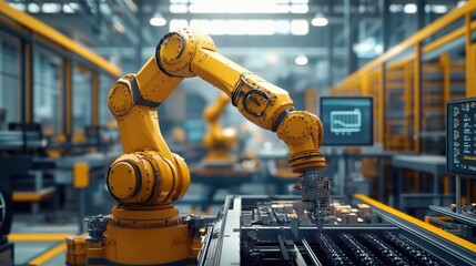 Poster - industrial robotic arm on production line in factory setting