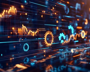 Poster - Abstract Futuristic Digital Data Network Interface with Glowing Cogs and Data Visualization
