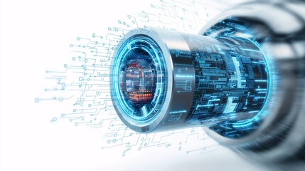 Poster - Cybernetic Core: Futuristic Technology. A mesmerizing close-up of a technologically advanced cybernetic core, pulsating with blue energy and intricate circuitry.