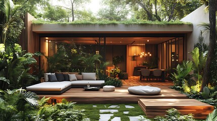 Modern patio with lush greenery, wooden deck, and a sectional sofa.