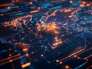 Poster - Global Network Connection   Digital World Map with Lines and Dots