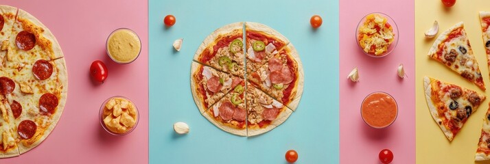 Poster - A variety of street food items including tacos and pizza beautifully arranged in geometric order on colorful table surfaces. Generative AI