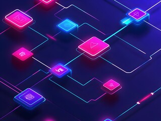 Poster - Abstract Neon Network with glowing Lines and Icons