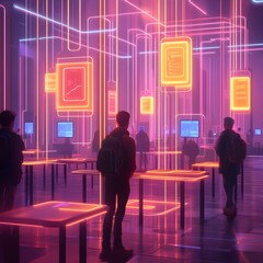 Poster - Futuristic Neon Interior Design with People and glowing screens