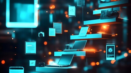 Poster - Futuristic Abstract Technology Background with Laptop  Cameras  and Notebooks