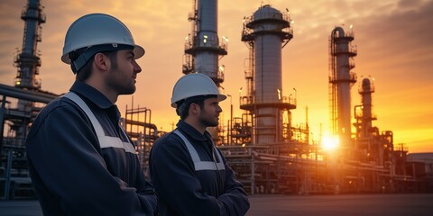 Engineers at Oil and Gas Production Plant at Sunset