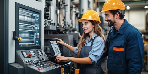 Poster - Workers in Safety Gear Operating CNC Machine at Factory