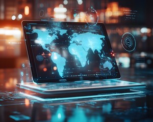 Poster - Global Network  Digital Map  Laptop  Technology  World Map  Data  Futuristic  Network  Computer  Connectivity  Digital   Cybersecurity   Innovation  A