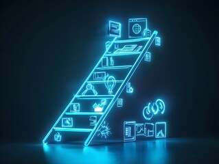 Poster - Neon Ladder of Success  Business Growth  Digital Innovation  Technology Concept