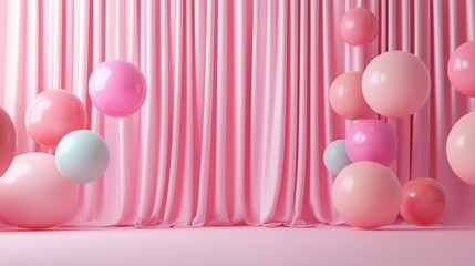 Wall Mural - A vibrant pink backdrop with colorful balloons creates a cheerful, festive atmosphere, perfect for celebrations or photo shoots.