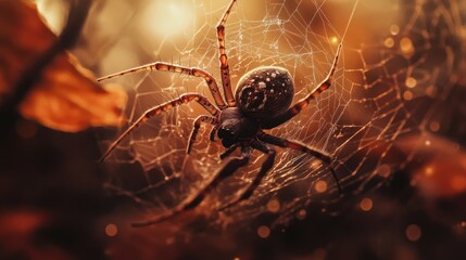 A Spider in Its Web with a Golden Sunset Background