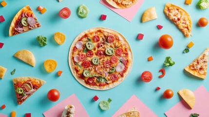 Poster - Delicious street food items, including tacos and pizza, are artistically arranged on a bright blue surface, inviting indulgence. Generative AI